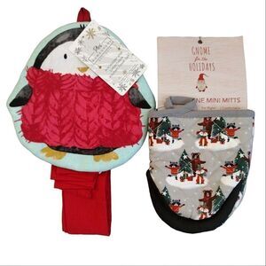 Christmas Themed Pot Holder Towel Set & Mini Mitts Kitchen Bundle NWT
